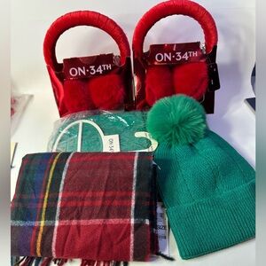 5 PIECE SET WOMEN’S RED/GREEN WINTER SET, KNIT SCARF & HAT, PLAID SCARF, 2 MUFFS